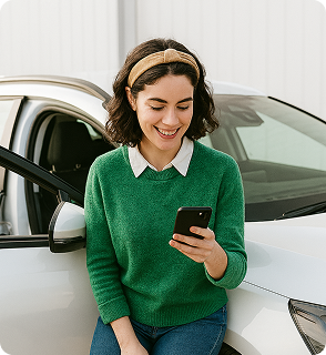 A smiling car owner checking their phone beside their car
